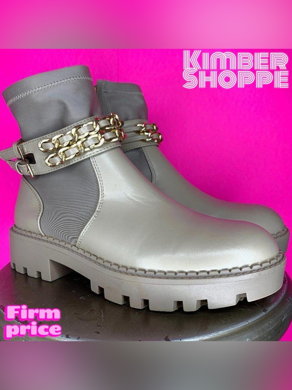 Jones New York Ollee Tan Faux Leather Chain Trim Chunky Lug Sole Boots US 9.5